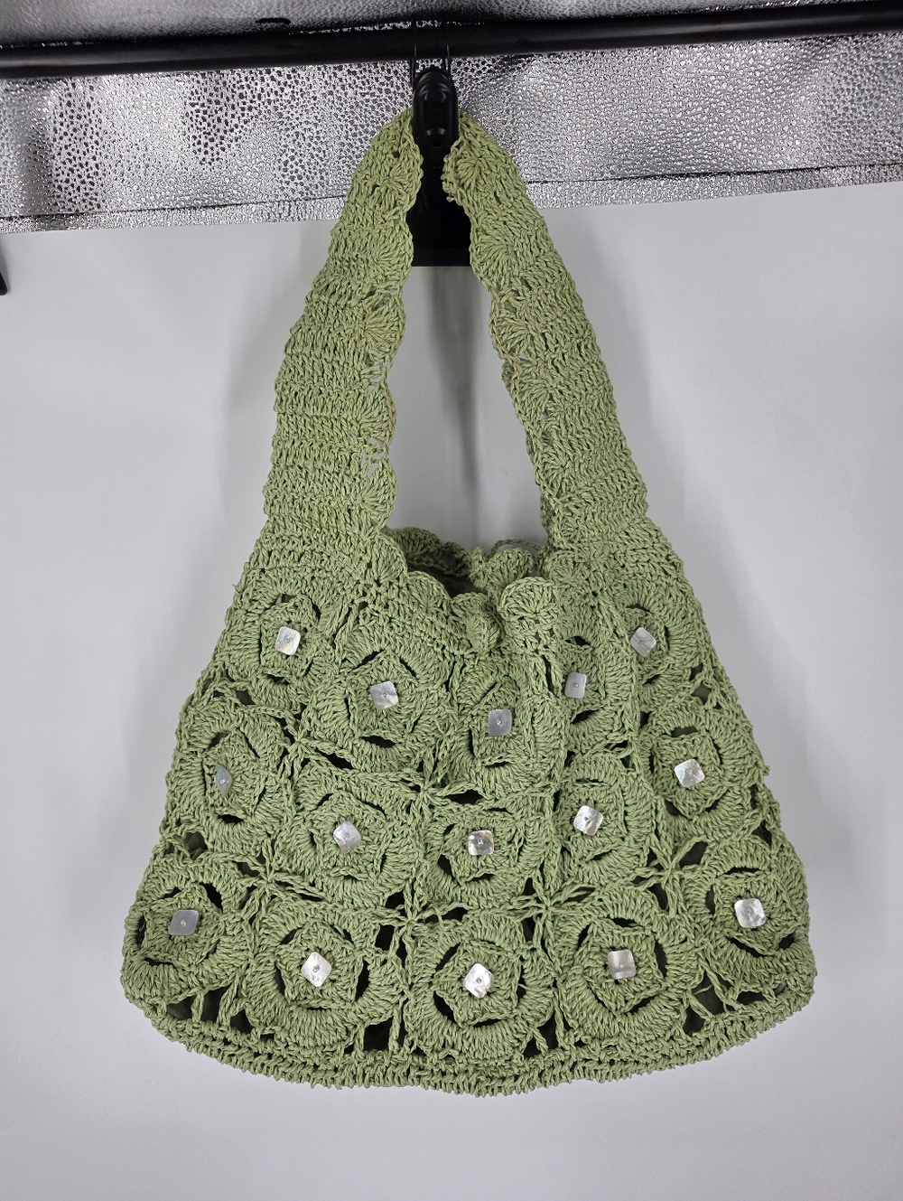 Vintage Boho Sage Green Crochet Shoulder Bag Shell Accents Knit Tote
